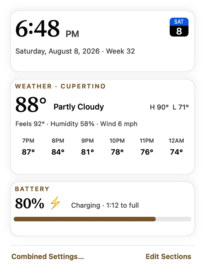 StageMenu's Stage Cards panel open below the menu bar: the time and date, the current weather with an hourly strip, and battery with time to full.