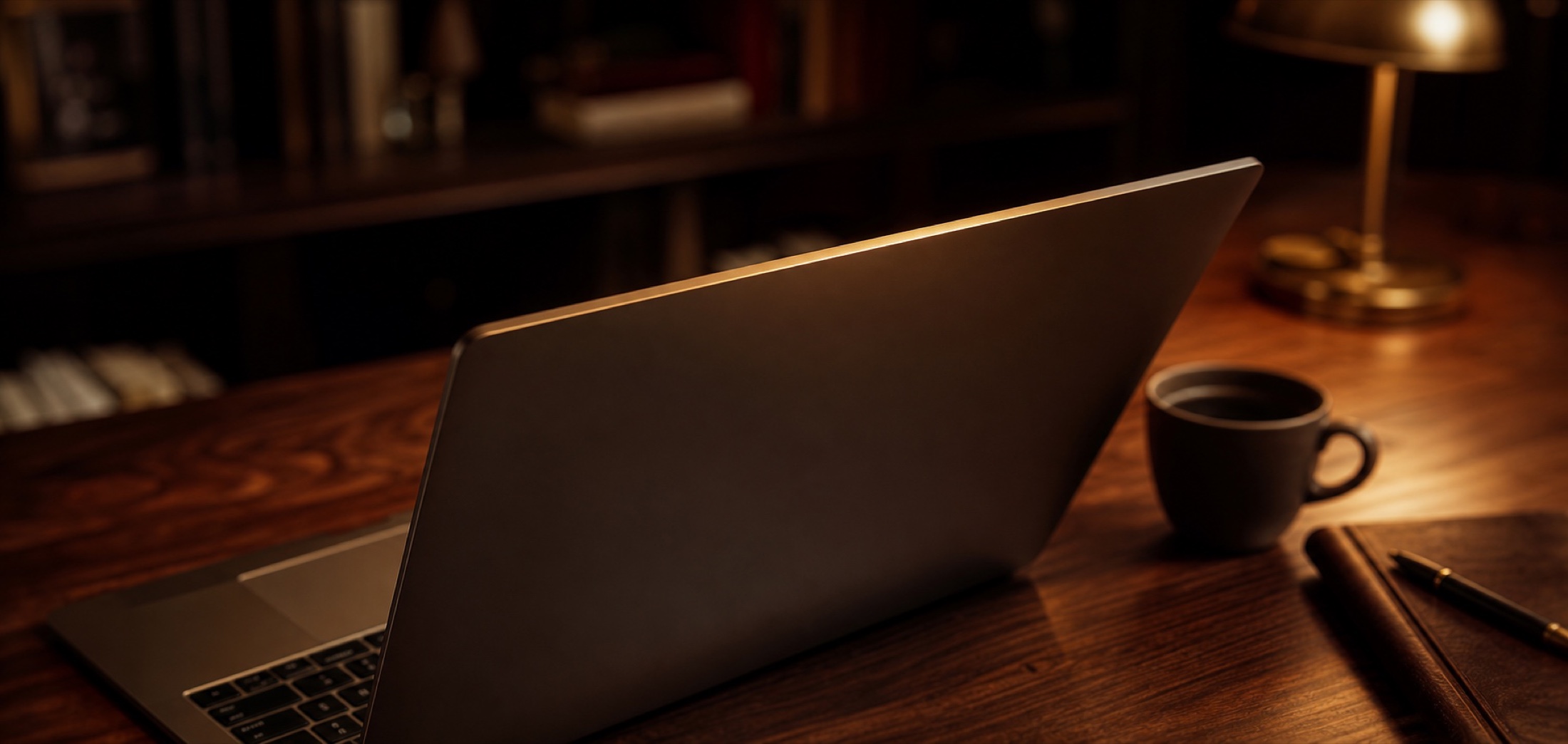 A MacBook open on a walnut desk in warm lamplight