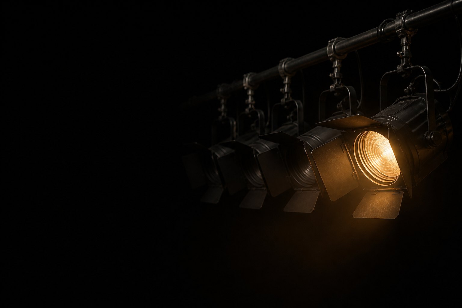 A rack of stage fresnel lights, one lit warm